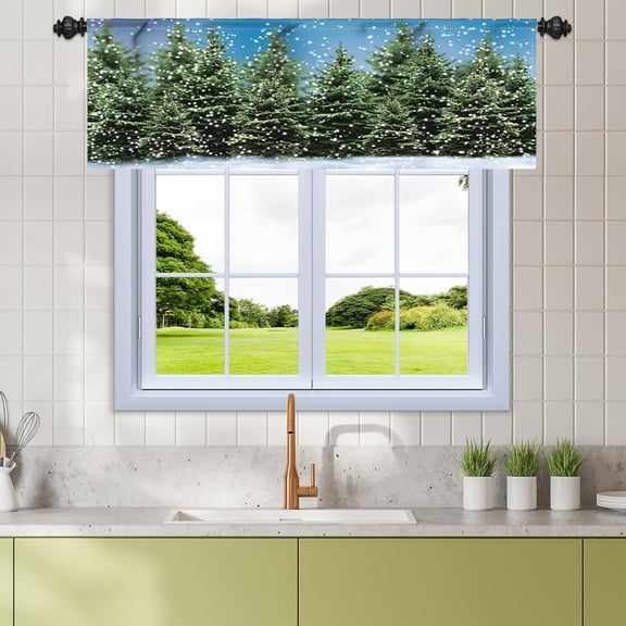 52x18 Inch Pine Trees Kitchen Valance Curtains Snowy Spruce Forest Window Vanlance Winter Holiday Window Decor Rustic Farmhouse Bathroom Cafe French Door Linen Drapes with Rod Pocket
