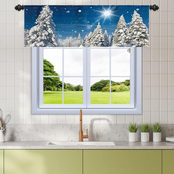 52x18 Inch Winter Frozen Cedar Kitchen Curtains Vanlance Snow Forest Sun Rays Woodland Scenery Winter Holiday Window Toppers Valances for Dining Bathroom Bedroom Privacy Window Drapes