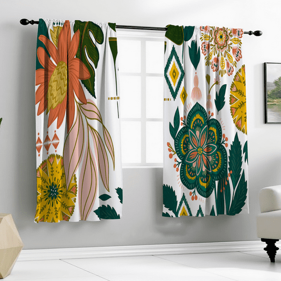 52x63 Inch Boho Floral Curtains Rustic Bohemian Flower Colorful Mandala Plants Spring India Aesthetic Art Printed Living Room Window Drapes Treatment Fabric Decor(2 pcs)