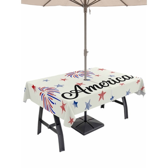 52x70 Inch Outdoor Tablecloth with Umbrella Hole Zipper Rectangle American Independence Day Rectangular Tablecloths Outside Waterproof Retro Fireworks Stars Patio Table Cloth Cover for Picnic Party