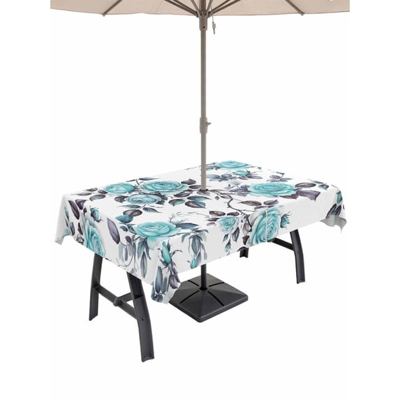 52x70 Inch Outdoor Tablecloth with Umbrella Hole Zipper Rectangle Aqua Rose Rectangular Tablecloths Outside Waterproof Rustic Romantic Botanical Floral Vines Art Patio Table Cover for Picnic Party
