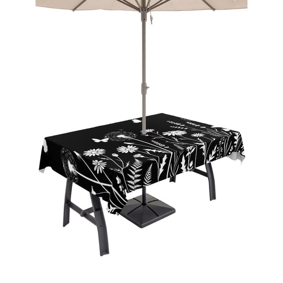 52x70 Inch Outdoor Tablecloth with Umbrella Hole Zipper Rectangle Black White Wildflowers Rectangular Tablecloths Outside Waterproof Farmhouse Dandelions Botanical Patio Table Cloth Cover for Picnic
