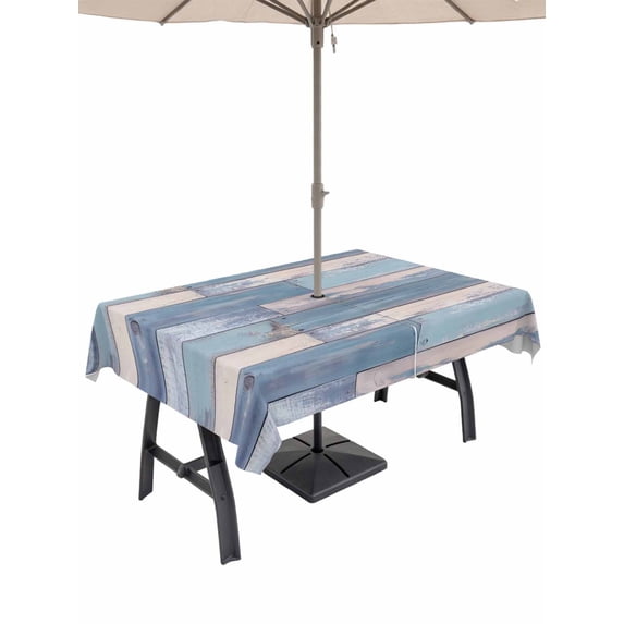 52x70 Inch Outdoor Tablecloth with Umbrella Hole Zipper Rectangle Blue Beige Wooden Rectangular Tablecloths Outside Waterproof Farmhouse Vintage Wood Patio Table Cloth Cover for Picnic Party