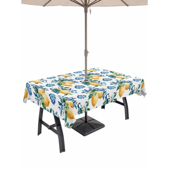 52x70 Inch Outdoor Tablecloth with Umbrella Hole Zipper Rectangle Blue Flowers Rectangular Tablecloths Outside Waterproof Yellow Lemons Summer Fruit Pastoral Patio Table Cloth Cover for Picnic Party