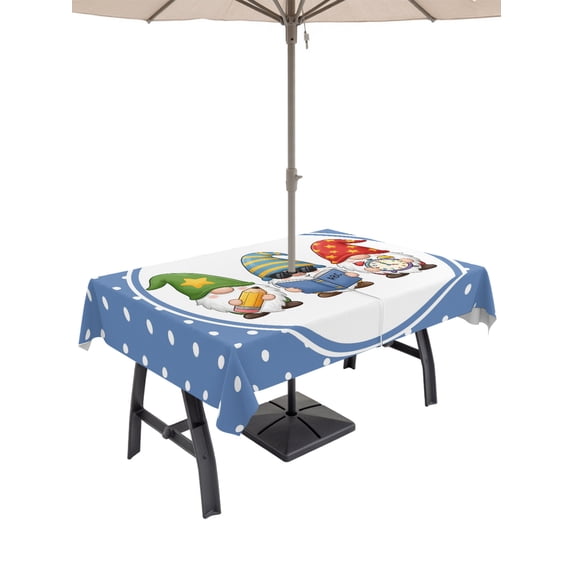 52x70 Inch Outdoor Tablecloth with Umbrella Hole Zipper Rectangle Blue Polka Dots Gnomes Rectangular Tablecloths Outside Waterproof Pencils Book Clock Patio Table Cloth Cover for Picnic Party