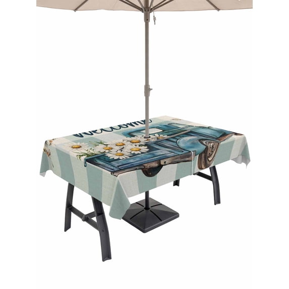 52x70 Inch Outdoor Tablecloth with Umbrella Hole Zipper Rectangle Blue Truck Spring Floral Rectangular Tablecloths Outside Waterproof Teal Plaid Butterflies Vintage Patio Table Cover for Picnic Party