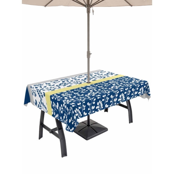 52x70 Inch Outdoor Tablecloth with Umbrella Hole Zipper Rectangle Blue Yellow Rectangular Tablecloths Outside Waterproof Botanical Floral Motifs Wildflower Striped Patio Table Cover for Picnic Party
