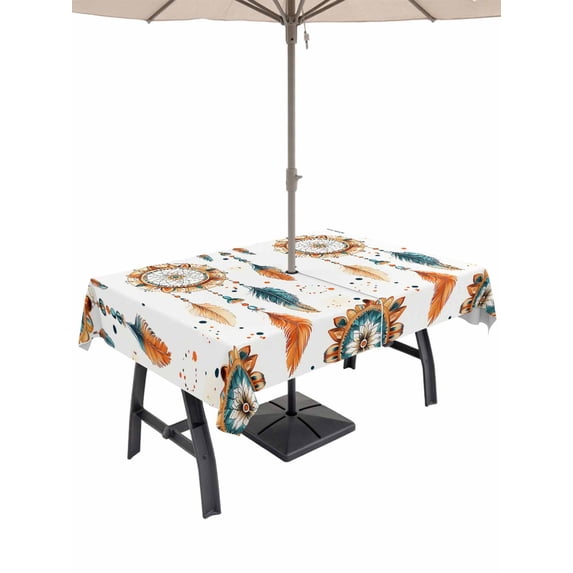 52x70 Inch Outdoor Tablecloth with Umbrella Hole Zipper Rectangle Boho Geometric Rectangular Tablecloths Outside Waterproof Ethnic Feathers Patterns Retro Farmhouse Patio Table Cover for Picnic Party