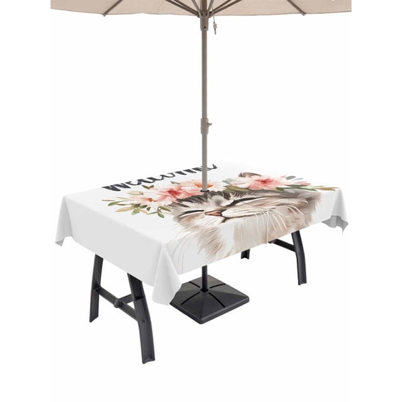52x70 Inch Outdoor Tablecloth with Umbrella Hole Zipper Rectangle Cat Flower Rectangular Tablecloths Outside Waterproof Spring Cute Idyllic Animal Garland Floral Patio Table Cover for Picnic Party