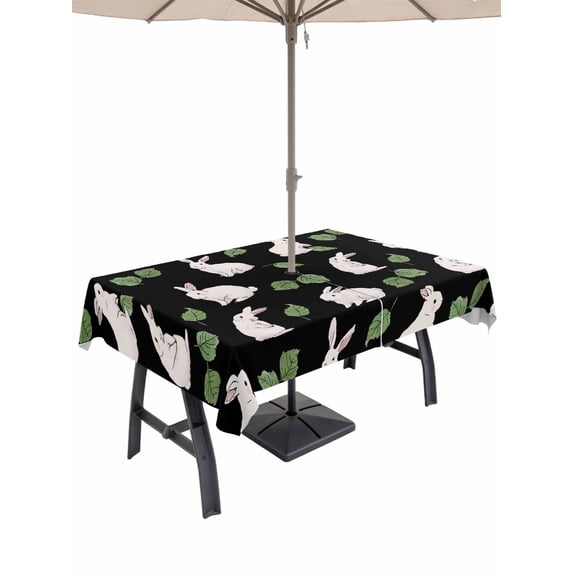 52x70 Inch Outdoor Tablecloth with Umbrella Hole Zipper Rectangle Cute Rabbits Rectangular Tablecloths Outside Waterproof Country Leaves Plants Cartoon Bunny Black Patio Table Cover for Picnic Party