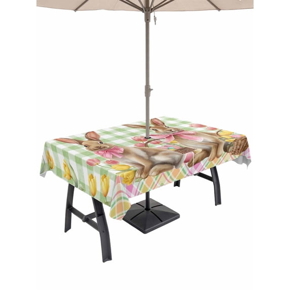 52x70 Inch Outdoor Tablecloth with Umbrella Hole Zipper Rectangle Easter Bunny Eggs Rectangular Tablecloths Waterproof Spring Tulips Country Rabbits Green Checkered Patio Table Cover for Picnic