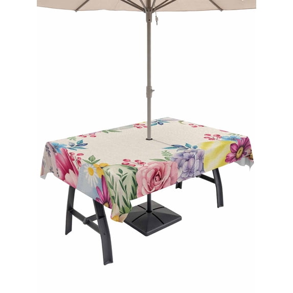 52x70 Inch Outdoor Tablecloth with Umbrella Hole Zipper Rectangle Easter Flowers Rectangular Tablecloths Outside Waterproof Eggs Spring Floral Rustic Vintage Patio Table Cloth Cover for Picnic Party