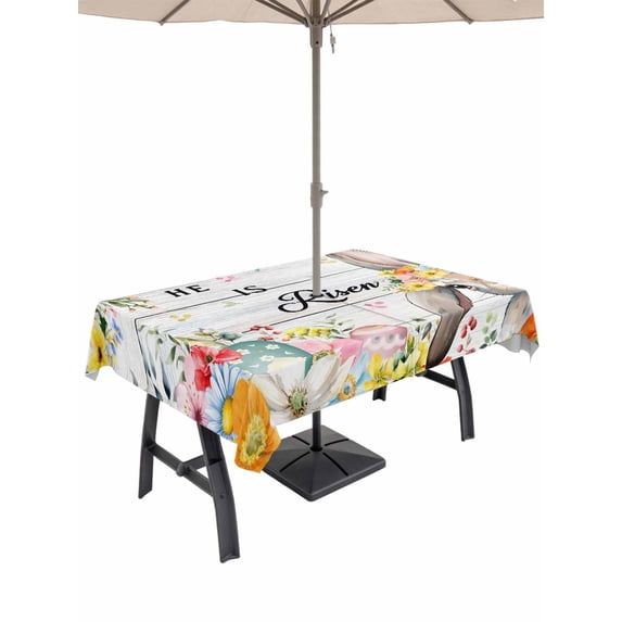 52x70 Inch Outdoor Tablecloth with Umbrella Hole Zipper Rectangle Easter Rectangular Tablecloths Outside Waterproof Spring Farmhouse Vintage Bunny Flower Wood Grain Patio Table Cover for Picnic Party
