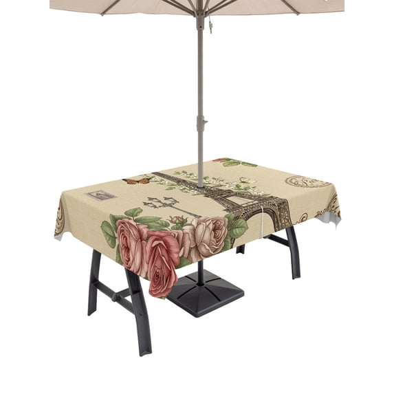 52x70 Inch Outdoor Tablecloth with Umbrella Hole Zipper Rectangle Eiffel Tower Rectangular Tablecloths Waterproof Rustic Butterfly Botanical Rose Flowers Brown Patio Table Cloth Cover for Picnic
