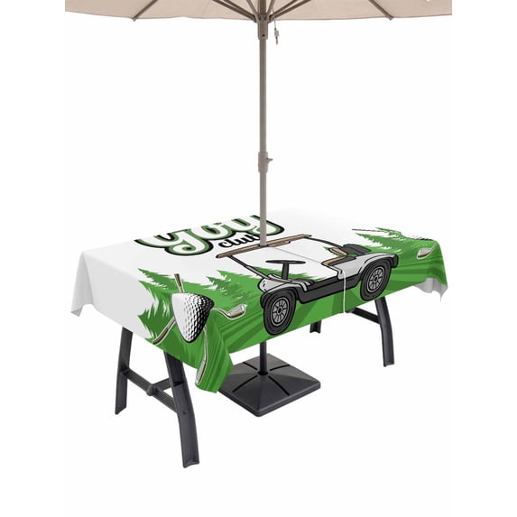 52x70 Inch Outdoor Tablecloth with Umbrella Hole Zipper Rectangle Golf Rectangular Tablecloths Outside Waterproof Green Forest Tree Balls Clubs Sports Cartoon Patio Table Cloth Cover for Picnic Party