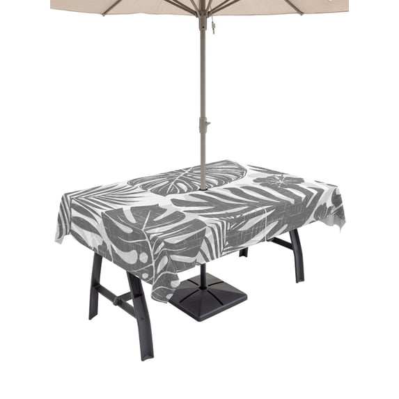 52x70 Inch Outdoor Tablecloth with Umbrella Hole Zipper Rectangle Gray Monstera Rectangular Tablecloths Outside Waterproof Palm Tree Leaf Boho Botanical Tropical Patio Table Cloth Cover for Picnic