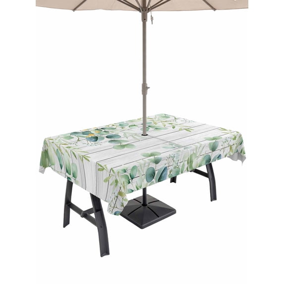 52x70 Inch Outdoor Tablecloth with Umbrella Hole Zipper Rectangle Green Rectangular Tablecloths Outside Waterproof Eucalyptus Leaves Patio Table Cloth Cover for Picnic Party