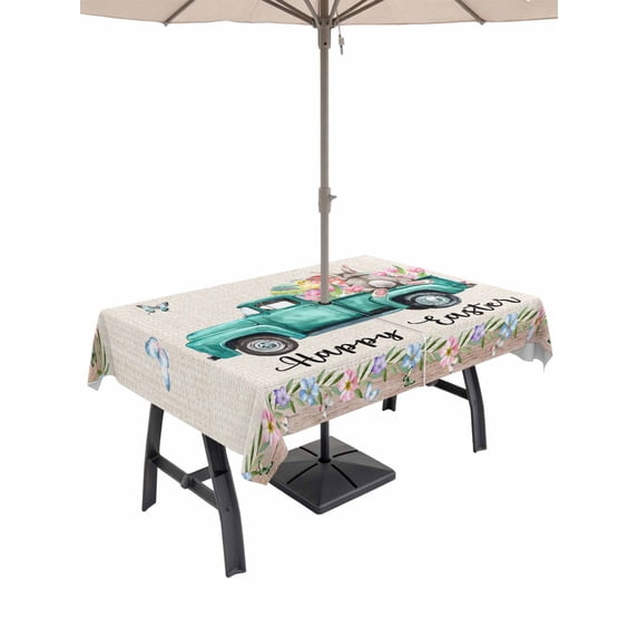 52x70 Inch Outdoor Tablecloth with Umbrella Hole Zipper Rectangle Happy Easter Rectangular Tablecloths Outside Waterproof Spring Farmhouse Green Truck Eggs Bunny Patio Table Cover for Picnic Party