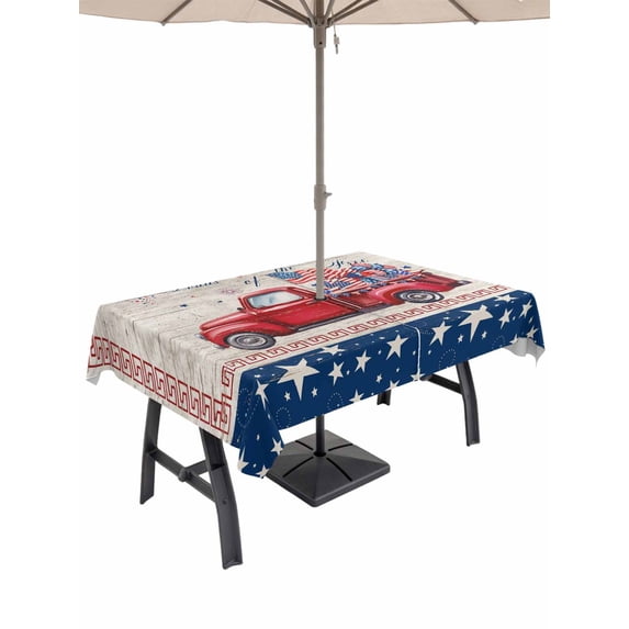 52x70 Inch Outdoor Tablecloth with Umbrella Hole Zipper Rectangle Independence Day Rectangular Tablecloths Outside Waterproof 4th of July Red Truck Flag Wooden Patio Table Cover for Picnic Party