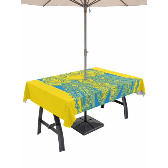 52x70 Inch Outdoor Tablecloth with Umbrella Hole Zipper Rectangle Jellyfish Blue Rectangular Tablecloths Outside Waterproof Boho Tropical Yellow Stripe Summer Abstract Patio Table Cover for Picnic