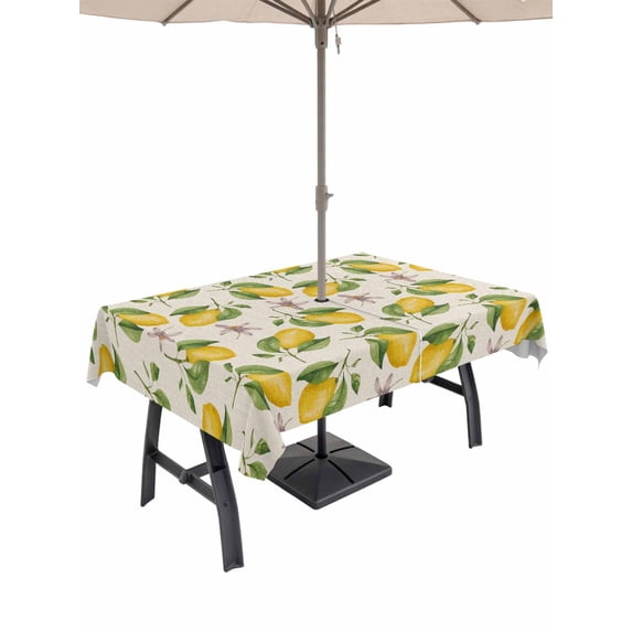 52x70 Inch Outdoor Tablecloth with Umbrella Hole Zipper Rectangle Lemon Rectangular Tablecloths Outside Waterproof Vintage Yellow Summer Fruit Leaf Flower Patio Table Cloth Cover for Picnic Party