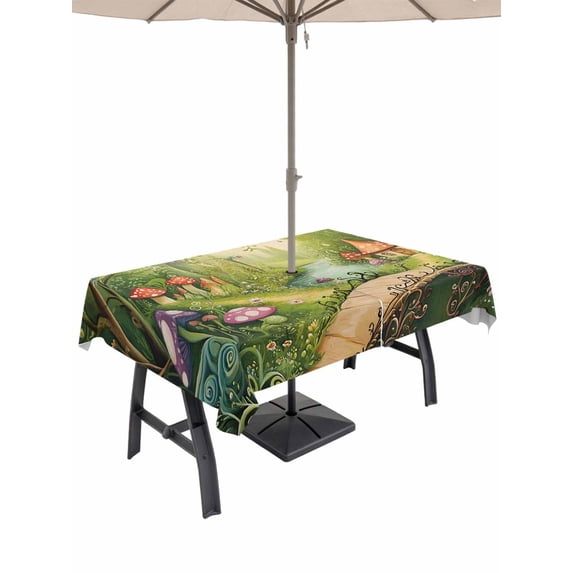 52x70 Inch Outdoor Tablecloth with Umbrella Hole Zipper Rectangle Mushroom Forest Rectangular Tablecloths Outside Waterproof Green Fantasy Cottage Vintage Plant Lake Patio Table Cover for Picnic