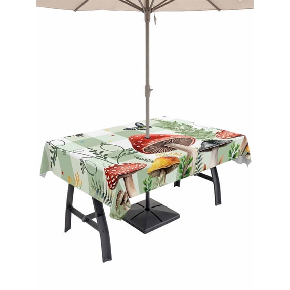 52x70 Inch Outdoor Tablecloth with Umbrella Hole Zipper Rectangle Mushrooms Rectangular Tablecloths Outside Waterproof Sage Green Plaid Butterfly Botanical Plants Patio Table Cover for Picnic Party