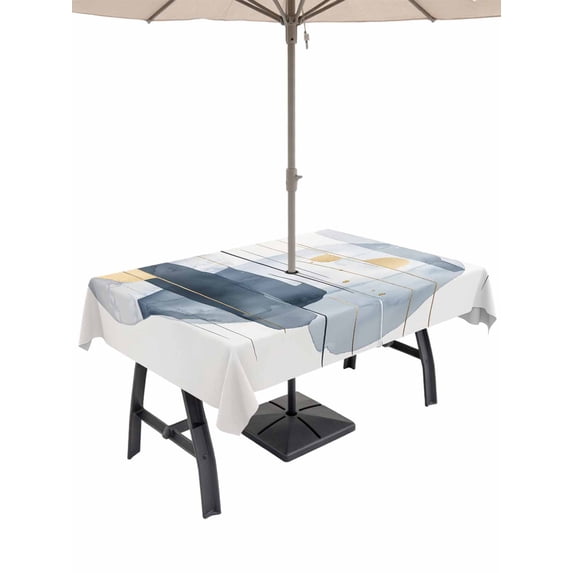 52x70 Inch Outdoor Tablecloth with Umbrella Hole Zipper Rectangle Navy Blue Abstract Art Rectangular Tablecloths Outside Waterproof Geometric Luxury Modern Art Patio Table Cover for Picnic Party