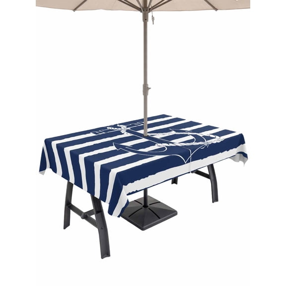 52x70 Inch Outdoor Tablecloth with Umbrella Hole Zipper Rectangle Navy Blue Anchor Nautical Rectangular Tablecloths Outside Waterproof Navy Blue Striped Farmhouse Patio Table Cover for Picnic Party
