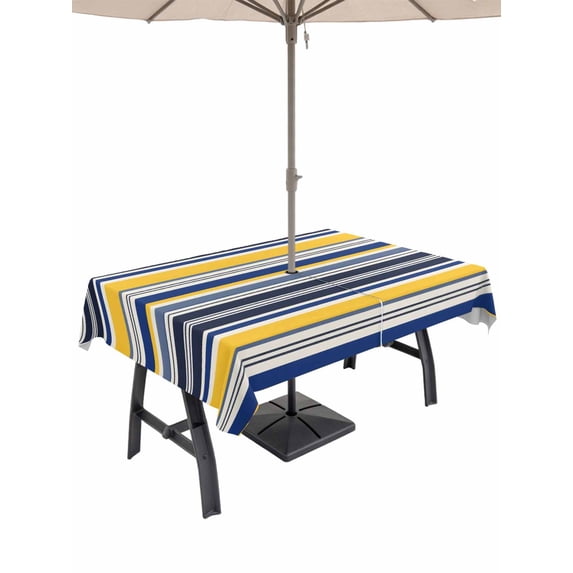 52x70 Inch Outdoor Tablecloth with Umbrella Hole Zipper Rectangle Navy Blue Yellow Striped Rectangular Tablecloths Outside Waterproof Farmhouse Vintage Stripe Patio Table Cloth Cover for Picnic Party
