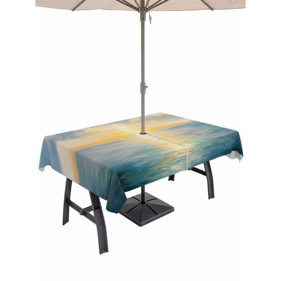 52x70 Inch Outdoor Tablecloth with Umbrella Hole Zipper Rectangle Ocean Sunset Rectangular Tablecloths Outside Waterproof Blue Sky Sea Minimalist Abstract Art Patio Table Cloth Cover for Picnic Party