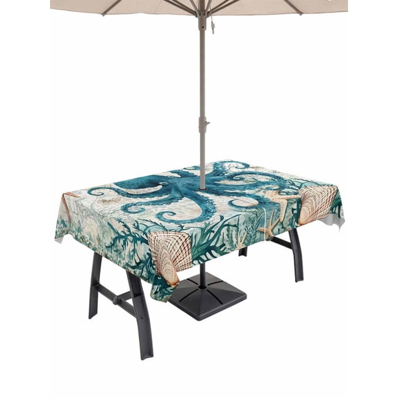 52x70 Inch Outdoor Tablecloth with Umbrella Hole Zipper Rectangle Octopus Rectangular Tablecloths Outside Waterproof Coastal Starfish Ocean Shell Retro Coral Patio Table Cloth Cover for Picnic Party