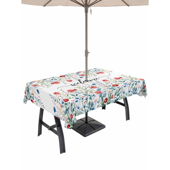 52x70 Inch Outdoor Tablecloth with Umbrella Hole Zipper Rectangle Pastoral Botanical Rectangular Tablecloths Outside Waterproof Watercolor Blue Red Floral Spring Patio Table Cover for Picnic Party