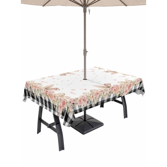 52x70 Inch Outdoor Tablecloth with Umbrella Hole Zipper Rectangle Pink Easter Rectangular Tablecloths Outside Waterproof Spring Floral Farmhouse Eggs Black Plaid Patio Table Cover for Picnic Party