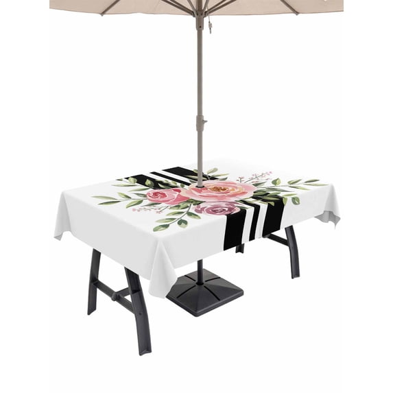 52x70 Inch Outdoor Tablecloth with Umbrella Hole Zipper Rectangle Pink Flowers Rectangular Tablecloths Outside Waterproof Romantic Floral Leaves Black Striped Patio Table Cloth Cover for Picnic Party