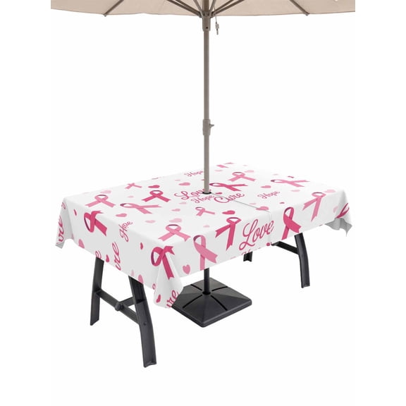 52x70 Inch Outdoor Tablecloth with Umbrella Hole Zipper Rectangle Pink Ribbon Rectangular Tablecloths Outside Waterproof Love Heart Vintage Preppy Patio Table Cloth Cover for Picnic Party