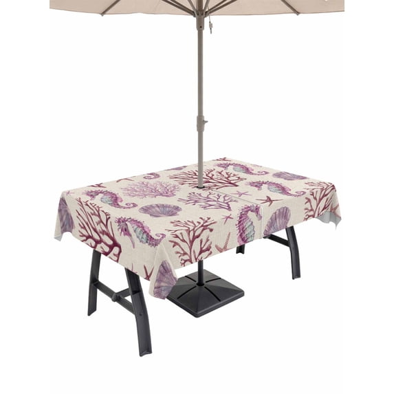 52x70 Inch Outdoor Tablecloth with Umbrella Hole Zipper Rectangle Pink Rustic Coastal Rectangular Tablecloths Outside Waterproof Nautical Ocean Seahorse Coral Shell Patio Table Cloth Cover for Picnic
