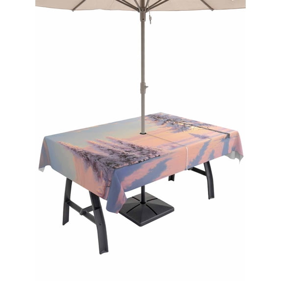 52x70 Inch Outdoor Tablecloth with Umbrella Hole Zipper Rectangle Pink Winter Landscapes Rectangular Tablecloths Outside Waterproof Nature Snow Forest Sunset Patio Table Cloth Cover for Picnic Party