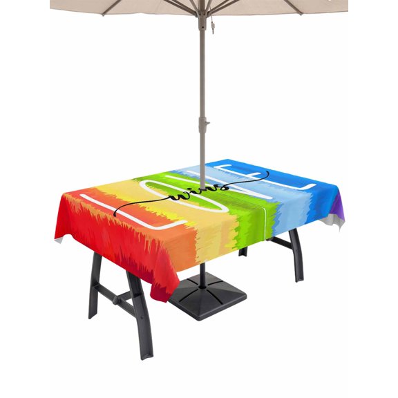 52x70 Inch Outdoor Tablecloth with Umbrella Hole Zipper Rectangle Rainbow Rectangular Tablecloths Outside Waterproof Cartoon Colorful Gradient Striped Funny Art Patio Table Cover for Picnic Party