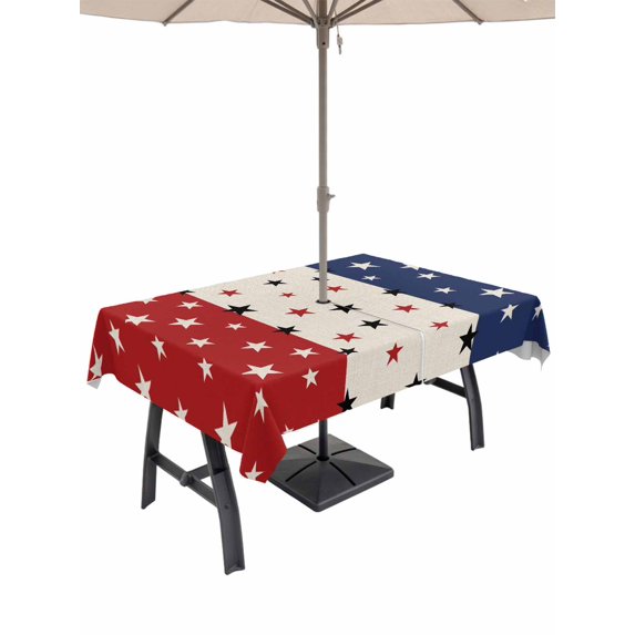 52x70 Inch Outdoor Tablecloth with Umbrella Hole Zipper Rectangle Red Blue Stars 4th of July Rectangular Tablecloths Outside Waterproof Independence Day Rustic Patio Table Cover for Picnic Party