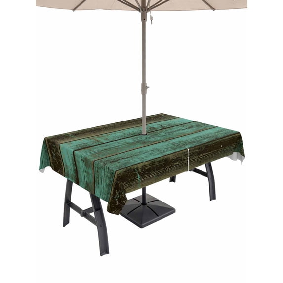 52x70 Inch Outdoor Tablecloth with Umbrella Hole Zipper Rectangle Retro Wood Grain Rectangular Tablecloths Outside Waterproof Farm Green Smear Vintage Wooden Patio Table Cloth Cover for Picnic Party