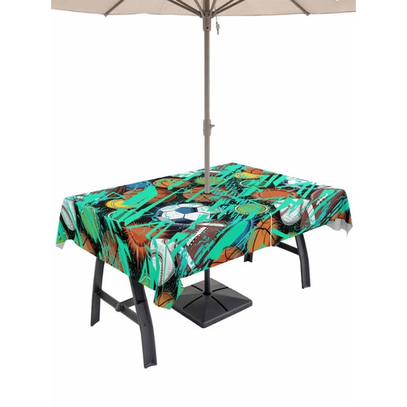 52x70 Inch Outdoor Tablecloth with Umbrella Hole Zipper Rectangle Sports Theme Rectangular Tablecloths Outside Waterproof Funny Abstract Football Rugby Basketball Patio Table Cover for Picnic Party