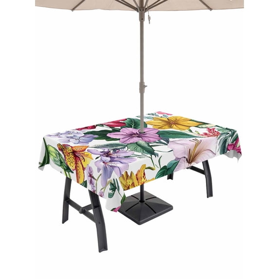 52x70 Inch Outdoor Tablecloth with Umbrella Hole Zipper Rectangle Spring Blooms Botanicals Rectangular Tablecloths Outside Waterproof Colorful Summer Botanical Patio Table Cover for Picnic Party