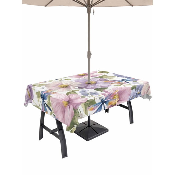 52x70 Inch Outdoor Tablecloth with Umbrella Hole Zipper Rectangle Spring Flowers Rectangular Tablecloths Outside Waterproof Watercolor Floral Dragonflies Vintage Patio Table Cover for Picnic Party