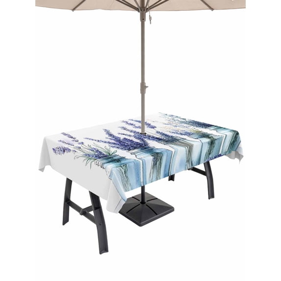 52x70 Inch Outdoor Tablecloth with Umbrella Hole Zipper Rectangle Spring Lavender Flower Rectangular Tablecloths Outside Waterproof Botanical Floral Plant Vase Patio Table Cover for Picnic Party