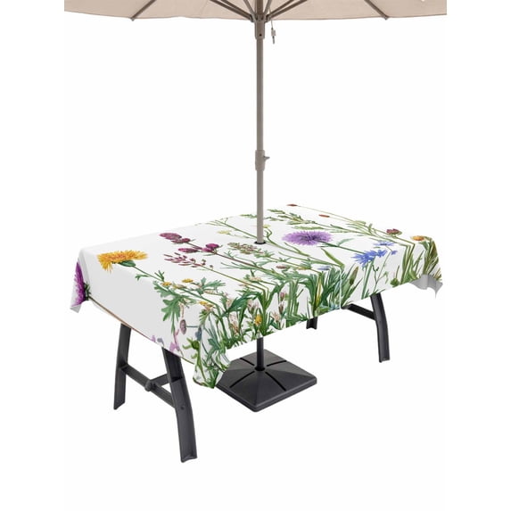 52x70 Inch Outdoor Tablecloth with Umbrella Hole Zipper Rectangle Spring Summer Flowers Rectangular Tablecloths Outside Waterproof Farmhouse Floral Botanical Patio Table Cloth Cover for Picnic Party