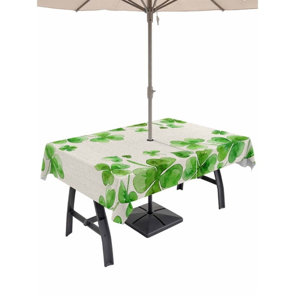 52x70 Inch Outdoor Tablecloth with Umbrella Hole Zipper Rectangle St. Patrick's Day Rectangular Tablecloths Outside Waterproof Watercolor Lucky Clovers Green Rustic Patio Table Cover for Picnic Party