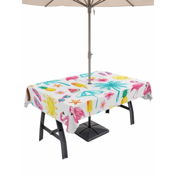52x70 Inch Outdoor Tablecloth with Umbrella Hole Zipper Rectangle Summer Flamingo Rectangular Tablecloths Outside Waterproof Tropical Palm Tree Pineapple Patio Table Cloth Cover for Picnic Party