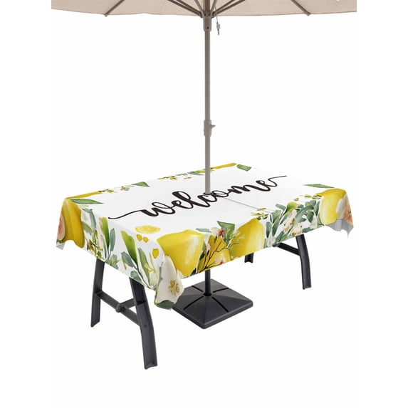 52x70 Inch Outdoor Tablecloth with Umbrella Hole Zipper Rectangle Summer Lemon Rectangular Tablecloths Outside Waterproof Spring Yellow Fruits Green Leaf Plant Patio Table Cover for Picnic Party