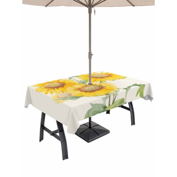 52x70 Inch Outdoor Tablecloth with Umbrella Hole Zipper Rectangle Sunflowers Rectangular Tablecloths Outside Waterproof Floral Spring Flowers Vintage Botanical Patio Table Cover for Picnic Party